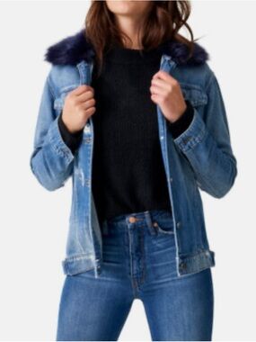 Blue Revival Distressed Denim Faux Fur Collar Trucker Jacket
